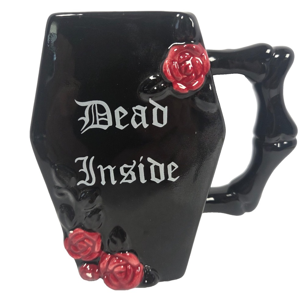 Dead Inside Coffin Mug Black Ceramic Skeleton Handle Gothic Rose Coffee Cup 13oz